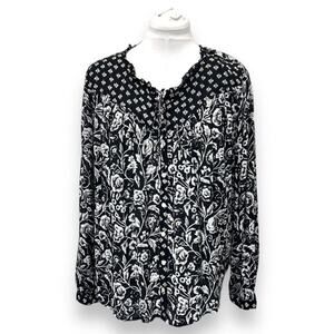 Lucky Brand Women’s Peasant Blouse Floral Boho Chic Casual Prairie Black/White L